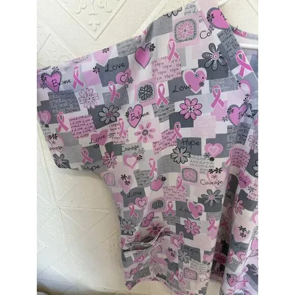 Scrub HQ 2 XL Scrub Top Cancer pinks short sleeve 28" pit to pit v-neck 3 pocket - Picture 8 of 10